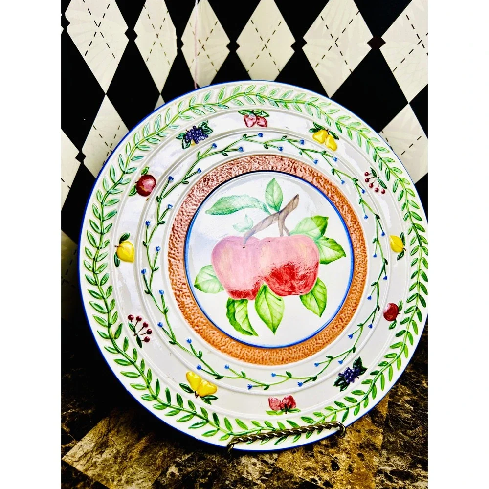 Apple Footed Pedestal‎ Plate Portuguese Hand Painted Fruit Ceramic Cake Stand